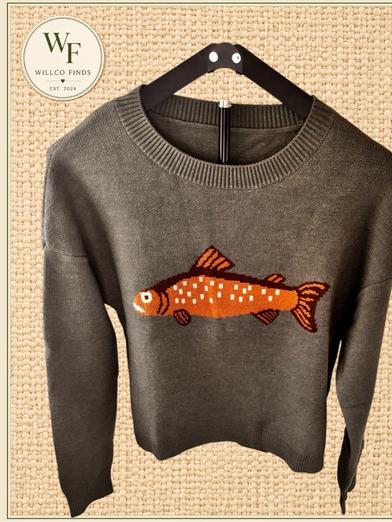Unk Sweaters - Women’s Green Trout Fish Graphic Knit Sweater Size Small Fisherman Coastal